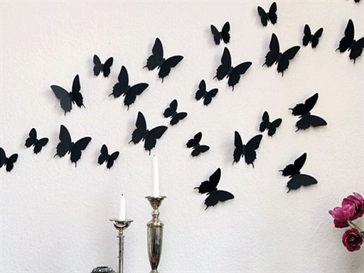 3D dekorace motýli černá, 3D samolepky na zeď motýli černá, 3D nálepky na zeď motýlci černá, 3D dekorace na stěnu motýlci černá