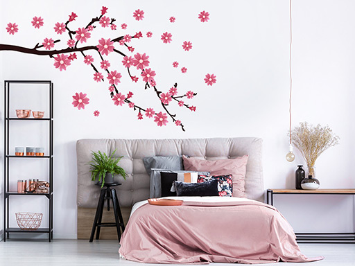 Větev s růžovými květy samolepky na zeď, Větev s růžovými květy nálepky na stěnu, Větev s růžovými květy dekorace na stěny, Větev s růžovými květy samolepící nástěnné dekorace