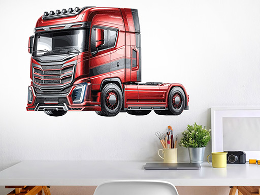 Červený kamion samolepky na zeď, Červený kamion nálepky na stěnu, Červený kamion dekorace na zdi, Červený náklaďák tapety na zdi