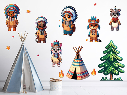 Indiánský strom a zvířátka samolepka na zeď, Indiánský strom a zvířátka nálepka na zeď, Indiánský strom a zvířátka dětská dekorace na zeď, Indiánský strom a zvířátka samolepící nálepka na zeď, Indiánský strom a zvířátka samolepka na zeď pro děti