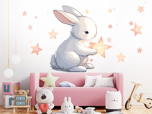Zajíček a hvězdičky samolepky na zeď, Zajíček a hvězdičky nálepky na zeď pro děti, Zajíček a hvězdičky dětské dekorace na zeď, Zajíček a hvězdičky samolepící nálepky na zeď